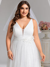 Load image into Gallery viewer, Color=White | Wholesale V-Neck Sleeveless A-Line Floor-Length Bridal Dress with Sparkle-White 3