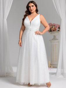 Color=White | Wholesale V-Neck Sleeveless A-Line Floor-Length Bridal Dress with Sparkle-White 1