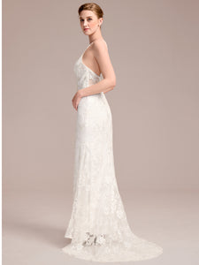 Color=White | Wholesale Spaghetti Strap Open-Back Lace Floor-Length Bridal Dress-White 4