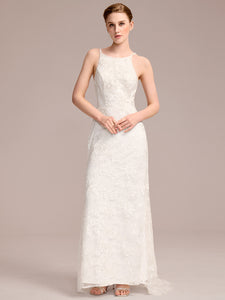 Color=White | Wholesale Spaghetti Strap Open-Back Lace Floor-Length Bridal Dress-White 5