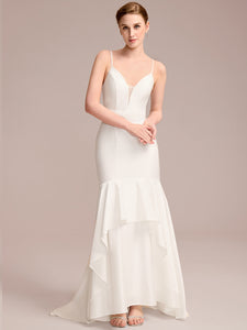Color=White | Wholesale Spaghetti Strap V-Neck Mermaid Floor-Length Bridal Dress-White 4