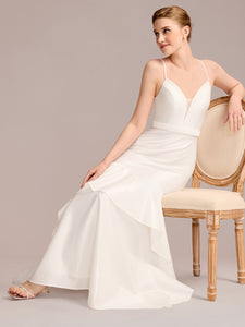 Color=White | Wholesale Spaghetti Strap V-Neck Mermaid Floor-Length Bridal Dress-White 5