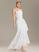 Load image into Gallery viewer, Color=White | Wholesale Strapless Cold Shoulder Fishtail Jacquard Floor Length Wedding Dresses-White 4