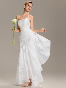 Color=White | Wholesale Strapless Cold Shoulder Fishtail Jacquard Floor Length Wedding Dresses-White 5