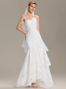 Color=White | Wholesale Strapless Cold Shoulder Fishtail Jacquard Floor Length Wedding Dresses-White 1