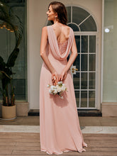 Load image into Gallery viewer, Color=Pink | Ever Pretty Wholesale Drape Neck, Applique &amp; See-Through Chiffon Bridesmaid Dress-Pink 2