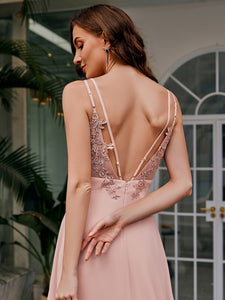 Color=Pink | Ever Pretty Wholesale Backless Chiffon Bridesmaid Dresses with Pleated & Applique Details-Pink 5
