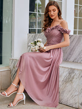 Load image into Gallery viewer, Color=Purple Orchid | Wholesale Spaghetti Strap Cold Shoulder A-Line Long Bridesmaid Dress-Purple Orchid 4