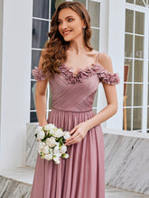 Load image into Gallery viewer, Color=Purple Orchid | Wholesale Spaghetti Strap Cold Shoulder A-Line Long Bridesmaid Dress-Purple Orchid 5