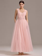 Load image into Gallery viewer, Color=Pink | Bulk Order Sleeveless V-Neck Floral A-Line Floor Length Dress with Back Zipper Bridesmaid Dresses-Pink 1