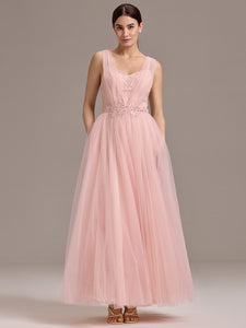 Color=Pink | Bulk Order Sleeveless V-Neck Floral A-Line Floor Length Dress with Back Zipper Bridesmaid Dresses-Pink 1