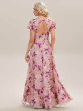 Load image into Gallery viewer, Color=Light Purple Print | Commercial Wholesale Short Sleeve V-Neck Floral Ruffle A-Line Floor Length Bridesmaid Dresses-Light Purple Print 2