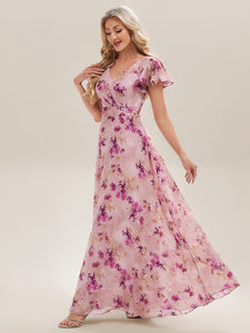 Color=Light Purple Print | Commercial Wholesale Short Sleeve V-Neck Floral Ruffle A-Line Floor Length Bridesmaid Dresses-Light Purple Print 4