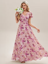 Load image into Gallery viewer, Color=Light Purple Print | Commercial Wholesale Short Sleeve V-Neck Floral Ruffle A-Line Floor Length Bridesmaid Dresses-Light Purple Print 5
