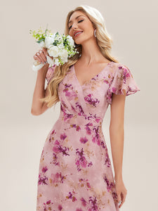 Color=Light Purple Print | Commercial Wholesale Short Sleeve V-Neck Floral Ruffle A-Line Floor Length Bridesmaid Dresses-Light Purple Print 3