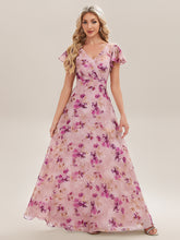 Load image into Gallery viewer, Color=Light Purple Print | Commercial Wholesale Short Sleeve V-Neck Floral Ruffle A-Line Floor Length Bridesmaid Dresses-Light Purple Print 1