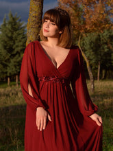 Load image into Gallery viewer, Color=Burgundy | Floor Length Long Lantern Sleeves Wholesale Formal Dresses-Burgundy 5