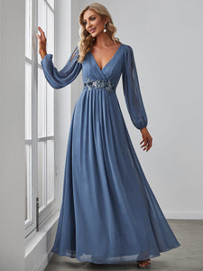 Color=Dusty Navy | Floor Length Long Lantern Sleeves Wholesale Formal Dresses-Dusty Navy 4