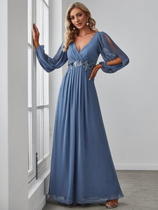 Color=Dusty Navy | Floor Length Long Lantern Sleeves Wholesale Formal Dresses-Dusty Navy 1