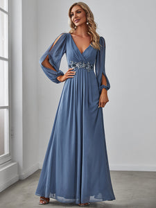 Color=Dusty Navy | Floor Length Long Lantern Sleeves Wholesale Formal Dresses-Dusty Navy 3