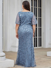 Load image into Gallery viewer, Color=Dusty Blue | Fashion Plus Size V Neck Mermaid Wholesale Sequin &amp; Tulle Dress-Dusty Blue 2