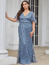 Load image into Gallery viewer, Color=Dusty Blue | Fashion Plus Size V Neck Mermaid Wholesale Sequin &amp; Tulle Dress-Dusty Blue 4
