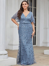 Load image into Gallery viewer, Color=Dusty Blue | Fashion Plus Size V Neck Mermaid Wholesale Sequin &amp; Tulle Dress-Dusty Blue 1