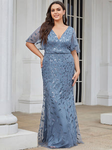 Color=Dusty Blue | Fashion Plus Size V Neck Mermaid Wholesale Sequin & Tulle Dress-Dusty Blue 1