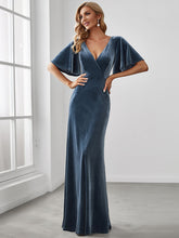 Load image into Gallery viewer, Color=Dusty Navy | Elegant Double V Neck Velvet Party Dress-Dusty Navy 1