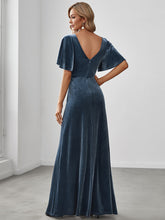 Load image into Gallery viewer, Color=Dusty Navy | Elegant Double V Neck Velvet Party Dress-Dusty Navy 2