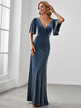 Load image into Gallery viewer, Color=Dusty Navy | Elegant Double V Neck Velvet Party Dress-Dusty Navy 3