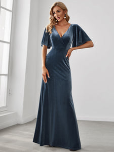 Color=Dusty Navy | Elegant Double V Neck Velvet Party Dress-Dusty Navy 4