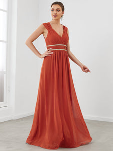 Color=Burnt orange | Sleeveless Floor Length V Neck Wholesale Bridesmaid dresses-Burnt orange 3