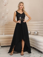 Load image into Gallery viewer, Color=Black | Elegant Paillette &amp; Chiffon V-Neck A-Line Sleeveless Plus Size Evening Dresses-Black 4