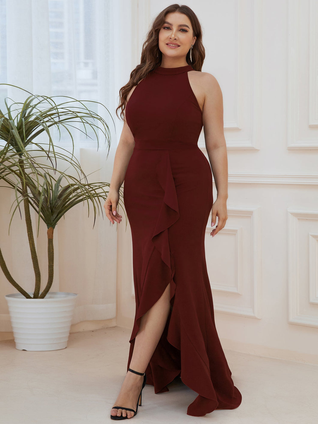 Color=Burgundy | Sleeveless Pencil Wholesale Evening Dresses with Halter Neck-Burgundy 1