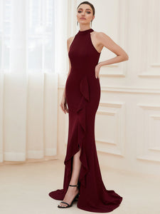 Color=Burgundy | Sleeveless Pencil Wholesale Evening Dresses with Halter Neck-Burgundy 1