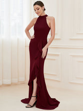Load image into Gallery viewer, Color=Burgundy | Sleeveless Pencil Wholesale Evening Dresses with Halter Neck-Burgundy 3