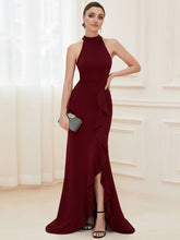 Load image into Gallery viewer, Color=Burgundy | Sleeveless Pencil Wholesale Evening Dresses with Halter Neck-Burgundy 5