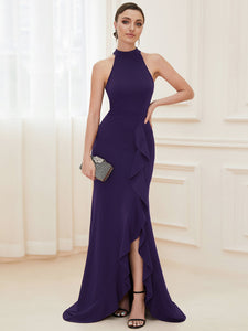 Color=Dark Purple | Sleeveless Pencil Wholesale Evening Dresses with Halter Neck-Dark Purple 3