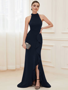 Color=Navy Blue | Sleeveless Pencil Wholesale Evening Dresses with Halter Neck-Navy Blue 3
