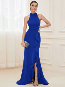 Color=Sapphire Blue | Sleeveless Pencil Wholesale Evening Dresses with Halter Neck-Sapphire Blue 3