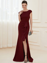 Load image into Gallery viewer, Color=Burgundy | U Neck A Line Split Wholesale Evening Dresses with Cover Sleeves-Burgundy 1