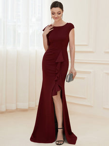 Color=Burgundy | U Neck A Line Split Wholesale Evening Dresses with Cover Sleeves-Burgundy 1