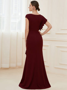 Color=Burgundy | U Neck A Line Split Wholesale Evening Dresses with Cover Sleeves-Burgundy 2
