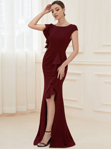Color=Burgundy | U Neck A Line Split Wholesale Evening Dresses with Cover Sleeves-Burgundy 3