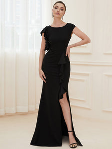 Color=Black | U Neck A Line Split Wholesale Evening Dresses with Cover Sleeves-Black 1