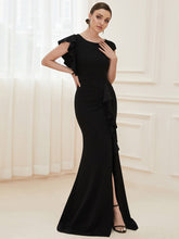 Load image into Gallery viewer, Color=Black | U Neck A Line Split Wholesale Evening Dresses with Cover Sleeves-Black 2