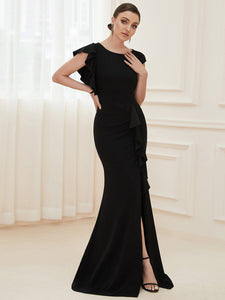 Color=Black | U Neck A Line Split Wholesale Evening Dresses with Cover Sleeves-Black 2