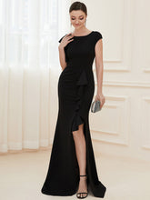 Load image into Gallery viewer, Color=Black | U Neck A Line Split Wholesale Evening Dresses with Cover Sleeves-Black 3