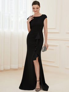 Color=Black | U Neck A Line Split Wholesale Evening Dresses with Cover Sleeves-Black 3